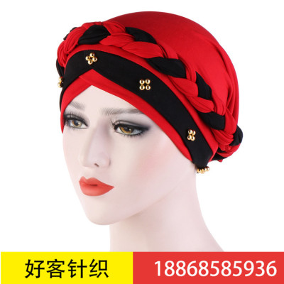 Aliexpress's new Spring and Autumn Two-color braid beaded turban hat can hide hair behind golden pearl Muslim jumper hat