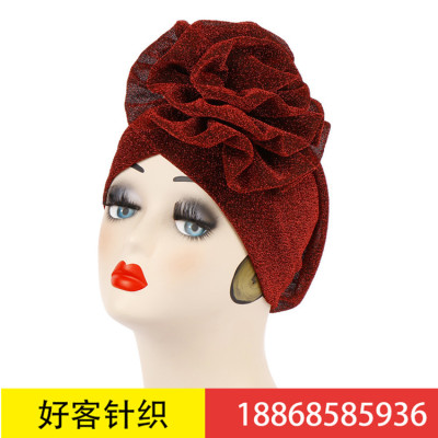 Bright silk scarf hat oversized flowers Muslims can hide hair baotou hat forehead cross hat spot