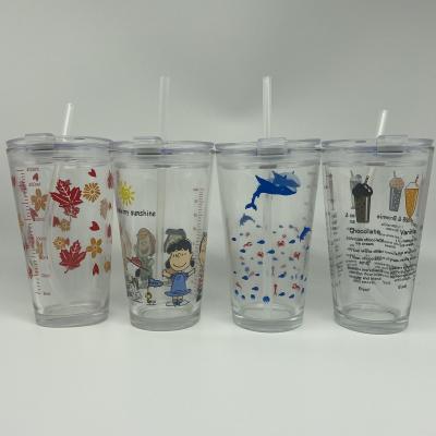Douyin web celebrity cartoon printed transparent cup lid straw scale milk juice glass tea cup custom student