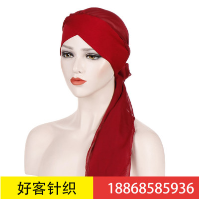 Amazon's new European and American long tail ribbon forehead cross turban hat pure color fashion chiffon long tail cap