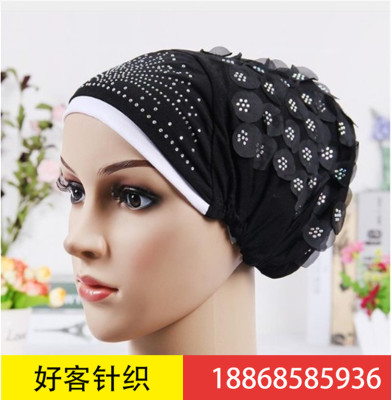 Amazon's new two-color perm and drill turban hat flower petal small Muslim hat