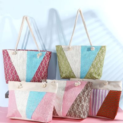 New Sequined Lace Stitching Cotton String Bags, Fashion Canvas Bag, Colorful Beach Bag