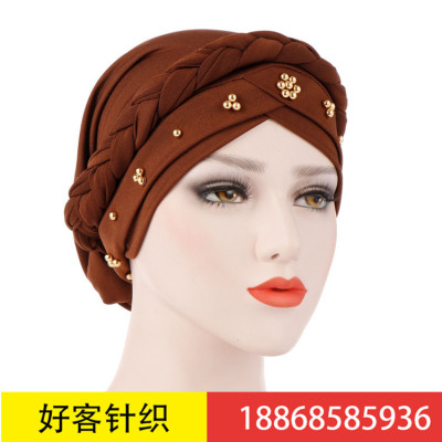 Amazon new European and American Spring and Autumn Muslim baotou hat milk silk monochrome beaded whip hat in stock