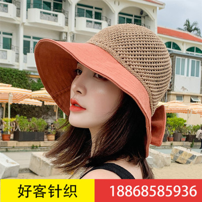 Ladies' hats can be folded in summer, small brim cloth mix with sunscreen straw hat mesh beach fisherman hat