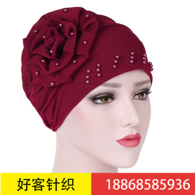 Aliexpress new side plate beaded large flower turban hat in solid color crescent hat Muslim baotou hat