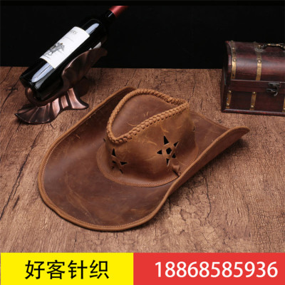 Handmade leather goods retro leisure top layer cowhide crazy horse leather handmade hat western cowboy hat sun hat