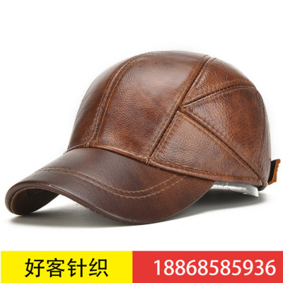 Leather hat man autumn winter warm leather hat middle aged and elderly outdoor padded cotton with leather baseball cap