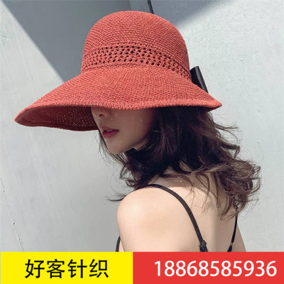 New knitted cold hat _ ladies summer bow-tied hat with large brimmed hat sun hat outdoor excursion sunshade empty hat