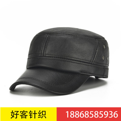 Middle aged and elderly men warm autumn winter warm protection ear flat top cow leather hat outdoor winter warm hat