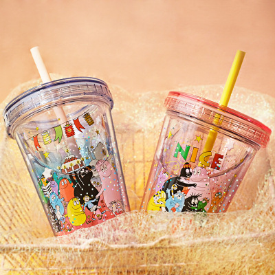 A BA Dad Internet Celebrity Summer Ice Glass Plastic Cup Cute Children Cup Cup with Straw Gift Customized Water Cup