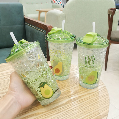 A Baiyou Cartoon Summer Push Cover Ice Cup Creative Student Portable Ice Water Cup Double Layer Avocado Straw Drinking Cup