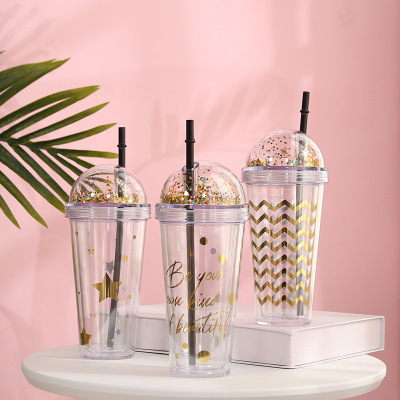 A Korean Transparent Sequin Style Cup with Straw Double-Layer Plastic Cups Large Capacity Portable Cup Factory in Stock Wholesale