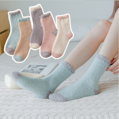 Coral cashmere socks female autumn winter half velvet new middle tube warm thickened solid color home floor socks wool r