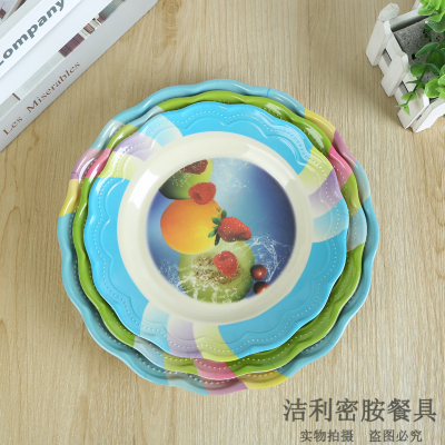 Water Ripple Edge Colorful Melamine Material Plate round Fast Food Plate Commercial Hotel Western Food Buffet Plate