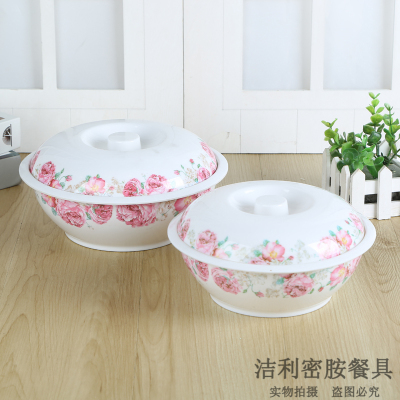 Household Kitchen Melamine Material with Lid Design Colorful Printing Soup Bowl Durable and Easy to Clean