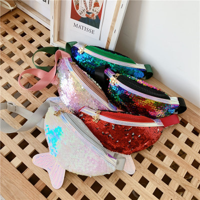 2019 New Foreign Trade Fashion Pu Sequins Fish Tail Children's Pockets Shoulder Crossbody Multifunctional Baby Chest Bag