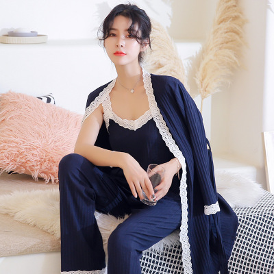 Nightgown Female Chunqiu Winter long-sleeved Korean version of cotton nightgown three - piece sexy lace condones home wear suit