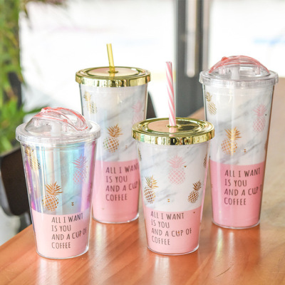 Manufacturers direct double pineapple foil lid straw cups creative fruit drink cups plastic double straw cups