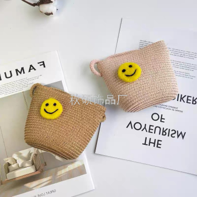 Children's straw woven cross bag, zero purse, wool felt smiley face accessories [77]