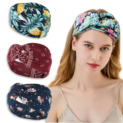New Wide-Brimmed Cross Hair Band Women's Bohemian Printed Knitted Headband Sweat-Absorbent Headband Sports Yoga Headband