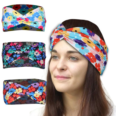 European and American Popular Floral Print Hairband Knotted Cross Hair Band Headband Sports Sweatband for Tying Hair Band Hair Accessories
