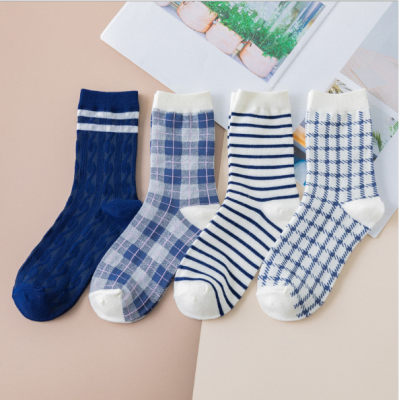 British style is versatile with blue striped plaid socks for women