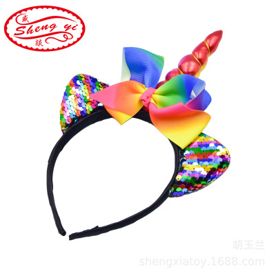 AliExpress Hot Sale Sequins Bowknot Cat Ear Unicorn Headband Halloween Carnival Children's Dance Party