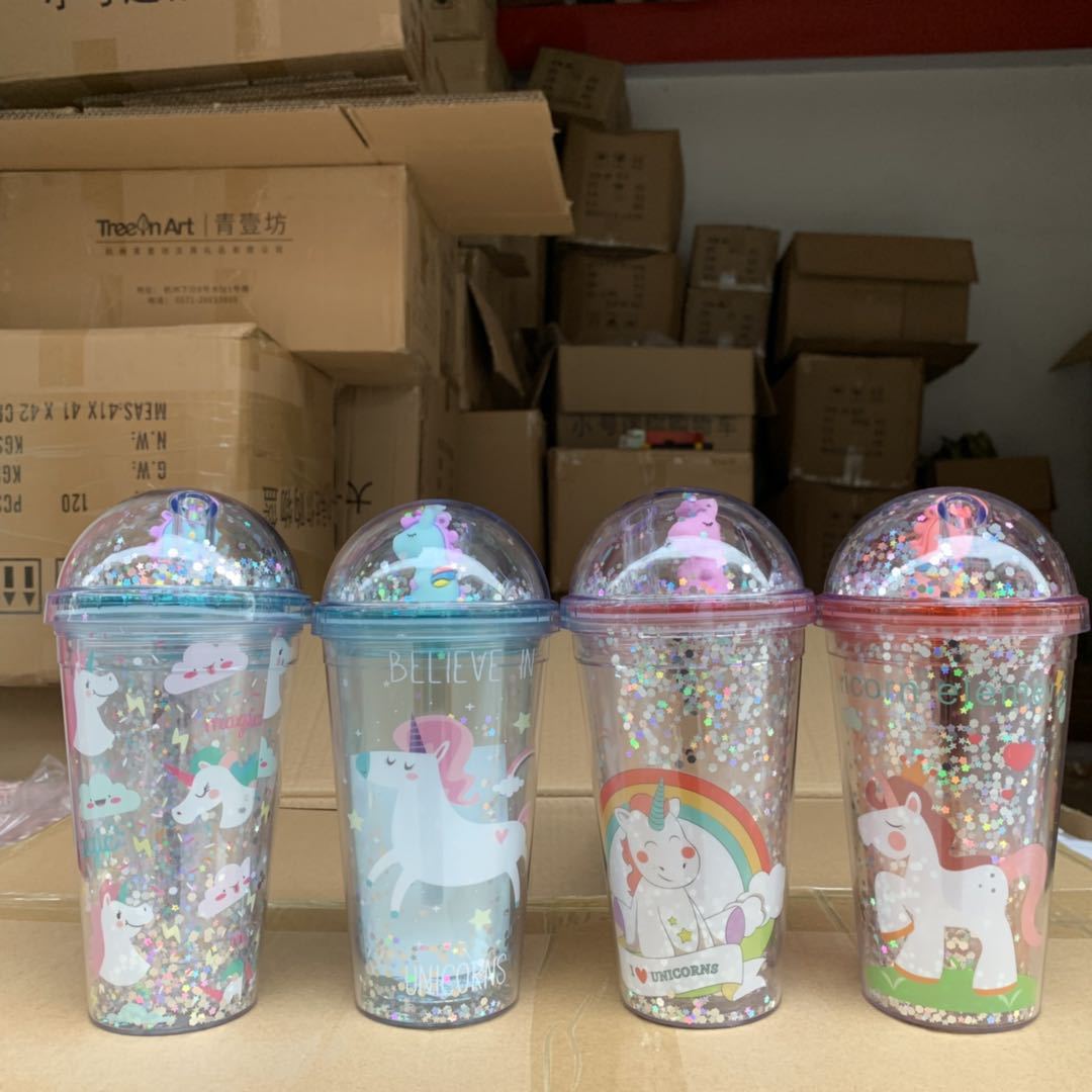 网红水杯立体独角兽水杯独角兽公仔亮片unicorn水杯吸管带盖杯