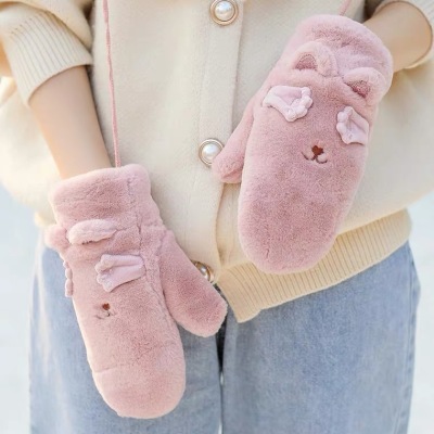 Women's Gloves Winter Warm Fleece-Lined Thickened Korean Style Cartoon Sweet Cute Student Japanese Style Soft Girl Ear Gloves
