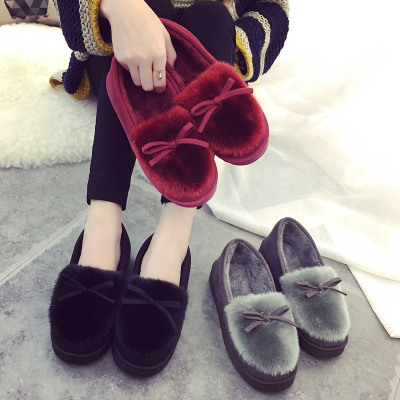 Foreign trade cotton slippers winter home new autumn and winter thickening plus velvet warm non-slip hair bowknot crescent shoes