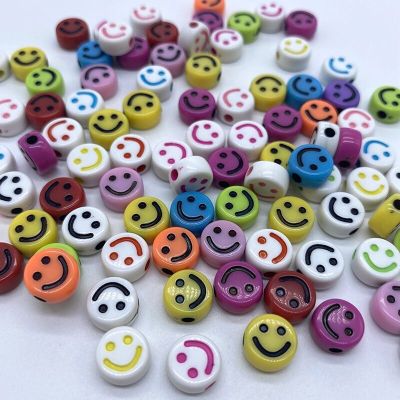 Factory Direct Sales Acrylic Beads Material DIY Flat round Smiley Beads White Background Colorful Summer Necklace Xuan Ya