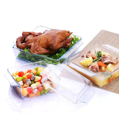 Microwave Oven Heat-Resistant Tempered Glass Bakeware with Lid Steamed Fish Plate Household Square Dinner Plate Oven Baked Rice Plate