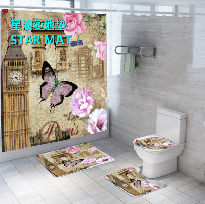STAR MAT Flower Series Four-Piece Floor Mat Shower Curtain Waterproof Three-Piece Floor Mat Bathroom Curtain