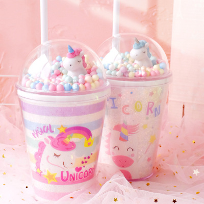 Girlwill Unicorn Plastic Water Bottle Cup with Straw Portable Bottle Cute Creative Gift Cup Customized for Children
