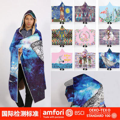 Flannel Hooded Blanket Thick Double Layer Cloak Plush Digital Printing Lazy Blanket Custom