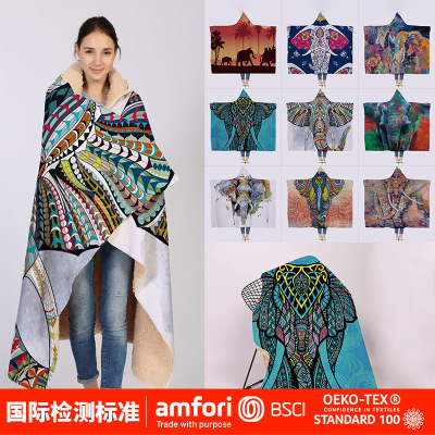 Elephant Series Ins Explosive Winter Hooded Blanket Cloak Thick Double Layer Plush Digital Printing Lazy Blanket