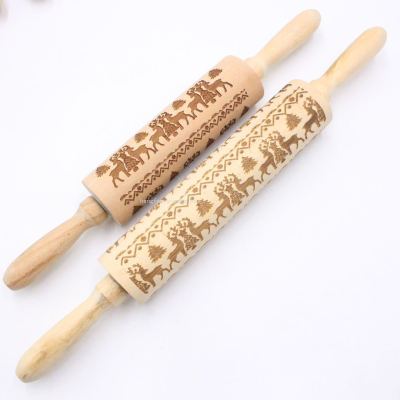 Christmas Elk Printing Rolling Pin Wooden Laser Cutting Embossed Rolling Pin Cookie Cookie Rolling Stick