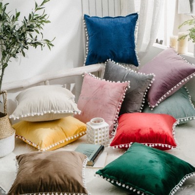 Northern European Ins Cross-Border Furry Ball Lace Band Ball Flannel Pillow Case Wholesale Solid Color Sofa Cushion 