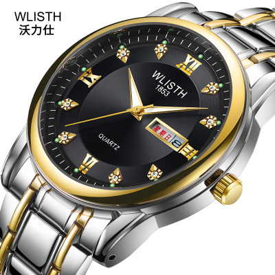 Men's Watch Waterproof Men's Watch Steel Belt Double Calendar Quartz Watch Vintage Watch NonAnalog Watch Whole