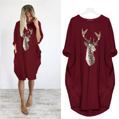 EBay Christmas Pattern Printed Hoodie Dress round Neck Autumn and Winter New Style Women's Foreign Trade Dress