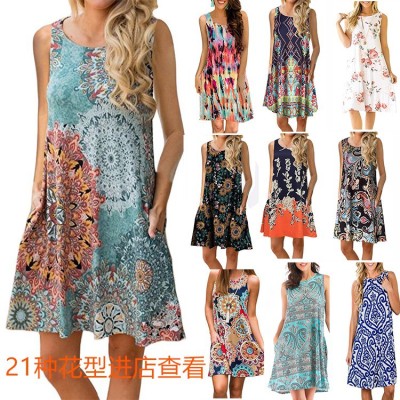 2020 Spring and Summer Amazon Wish Popular Sleeveless Pullover Element Printed Pocket Expandable round Neck Vest Dress
