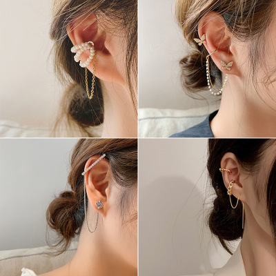 925 Silver Pin Korean Fashion Long Chain Earrings Butterfly Ear Clip New Style All-match Pierceless Ear Hanging Ear Stud