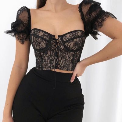 European and American Women's New Cross-Border 2020 Spring Fashion Sexy Lace Bandage Puff Sleeve Lace Shirt Top Women