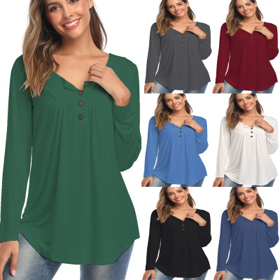 Amazon Popular 2019 Autumn New Large Size Dress V-neck Button Long-Sleeved Upper Garment Plain Pleated Loose T-shirt
