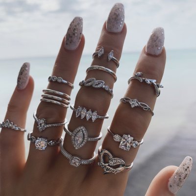 Yichen Cross-Border Exclusive European and American Women's Set Ring Bohemian New 15PCs Set Ring Ornament