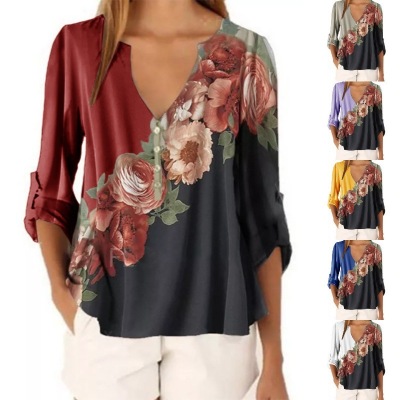 2020 New Style for Autumn and Winter Wish CrossBorder Women's Vneck Floral Print Shirt Top Chiffon Shirt