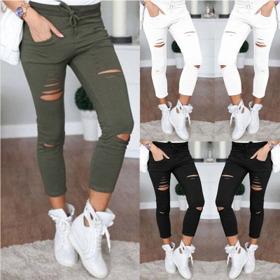 EBay Europe Station Foreign Trade New Style Pencil Pants Hot Sale Hole Pants Women's Leggings