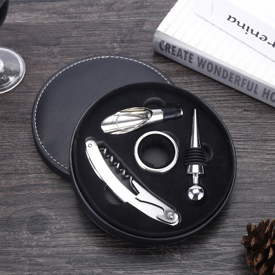 Wine Corkscrew Multi-Functional Wine Corkscrew Set round Leather Box High-End Set Gift Box Factory Wholesale