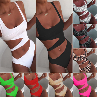 Chan Double 2019 New Solid Color OnePiece Swimming Suit Solid Color Integrated Bikini Women's Hollow Swimsuit Bikini