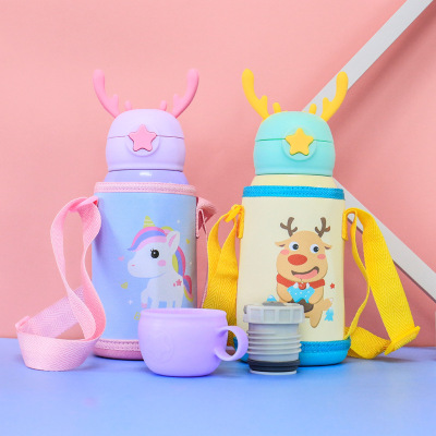 New Cartoon Deer 316 Stainless Steel Cup Antlers with Cloth Bag Children's Straw Bouncing Cup Portable Vacuum Cup